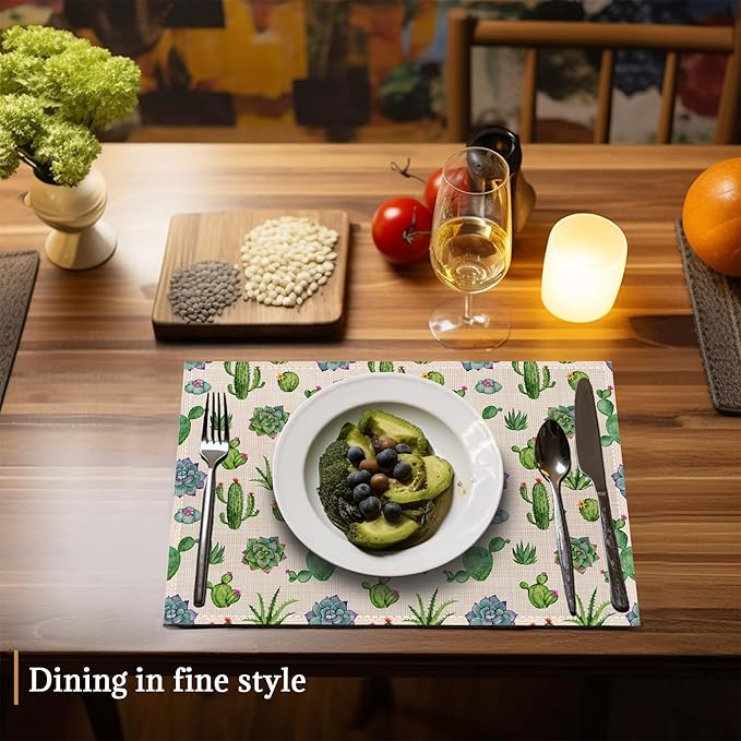 Cactus and Succulent Watercolor Placemats Set of 6 Washable Table Mats for Kitchen Dining Table,Heat-Resistant Place Mats for Indoor Outdoor Party Holiday Decoration