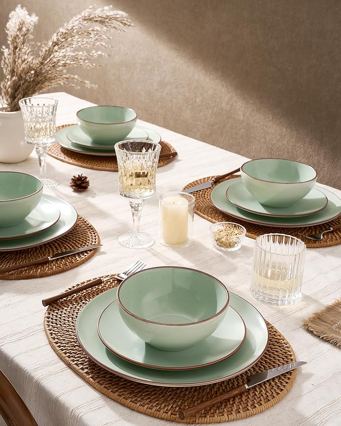 Famiware Venus Ceramic Plates and Bowls Sets, Speckled Dinnerware Dish Sets for 8 (24 Pieces) - Microwave and Dishwasher Safe, Matte Light Green