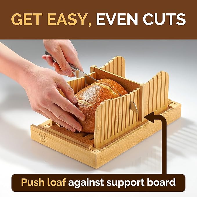 Bread Slicer for Homemade Bread - Adjustable Bamboo Bread Cutter with Knife, Foldable Slicing Guide & Crumb Tray - Bread Loaf Slicer for Sourdough, Cakes, Bagels, Loaves - Kitchen Gadgets Baking Gifts