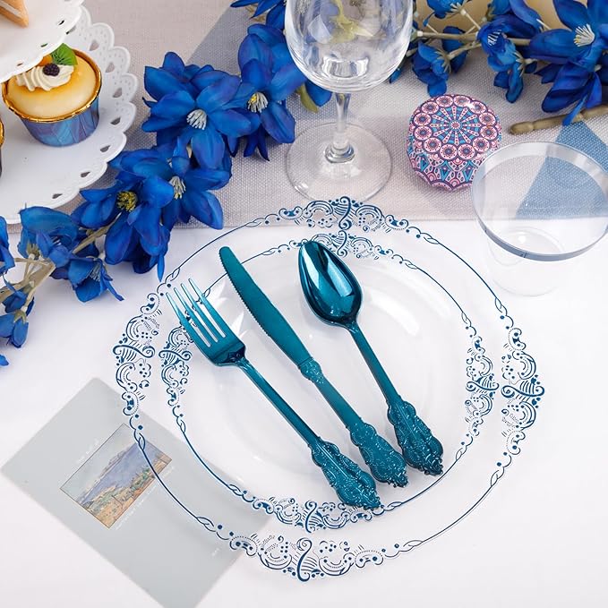 Hioasis 175pcs Clear and Blue Plates - Blue Party Plates for 25 Guest, Include 50 Heavy-duty Plates(20% Thicker Than Standard), 25 Pre Rolled Gold Plastic Silverware Set, 25 Cups