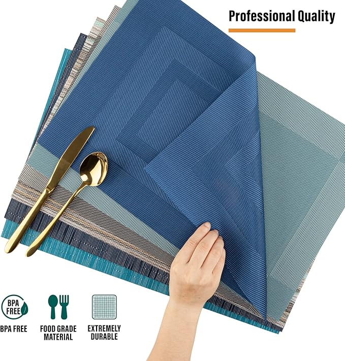 Winknowl Placemats for Dining Table Set of 8 Waterproof, Woven Place Mats for Kitchen Table Vinyl Heat Insulation Stain Resistant Placemats (Navy Blue)