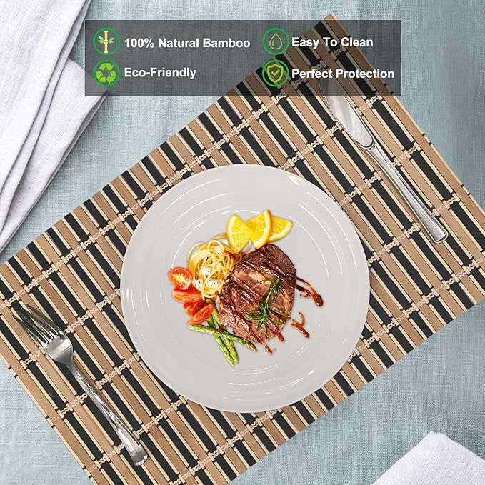 ANDSTAR Set of 8 Bamboo Slats Placemat Modern Placemats Natural Anti-Slip Bamboo Placemats Washable Heat-Resistant Table Mats for Kitchen Dinning Room Table Decor(Black)