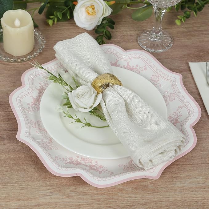 50 Pack 8" White Pink French Toile Dessert Plates, Disposable Round Paper Floral Pattern Appetizer Salad Plates 300 GSM for Party Decoration
