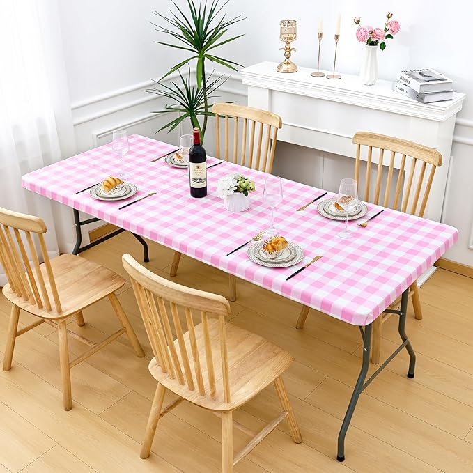 Smiry Rectangle Picnic Table Cloth, Elastic Waterproof Fitted Vinyl Tablecloths, Flannel Backed Buffalo Plaid Table Covers for Dining, Camping, Valentines (White and Pink, 30" x 72")