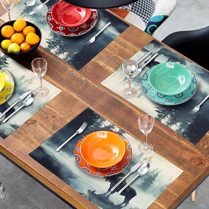 Fall Placemats Set of 4 - Moose Place Mat 12x18 Inch Autumn Forest Placemats Wildlife Table Mat for Party Kitchen