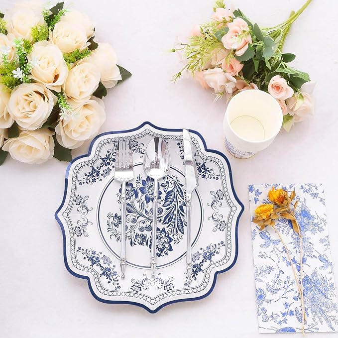 50 Pack 10" Light Blue French Toile Dinner Plates, Disposable Round Paper Party Plates 300 GSM for Festive Table Decoration