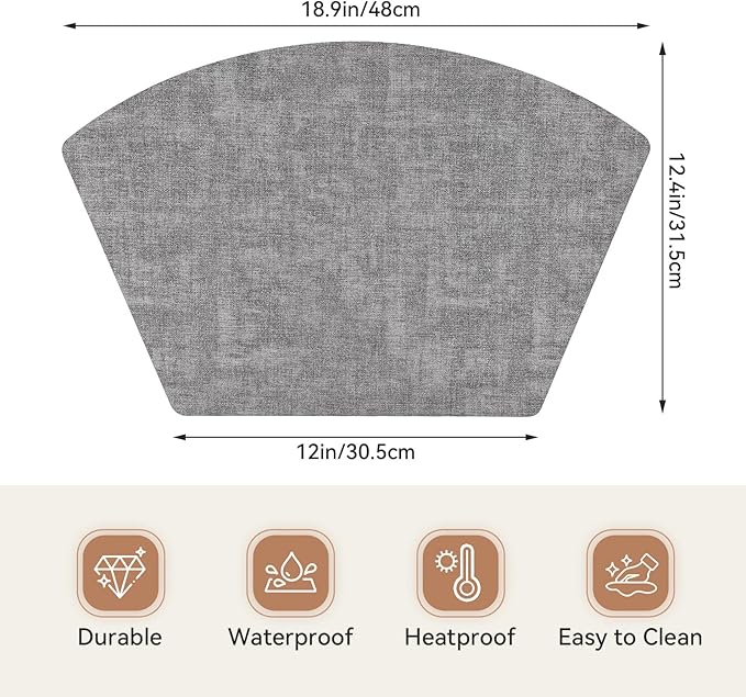 Round Table Placemats Set of 6, Faux Leather Wedge Shape Place Mats Heat Resistant Wipeable Washable Table Mats for Dining Outdoor Indoor, Gray