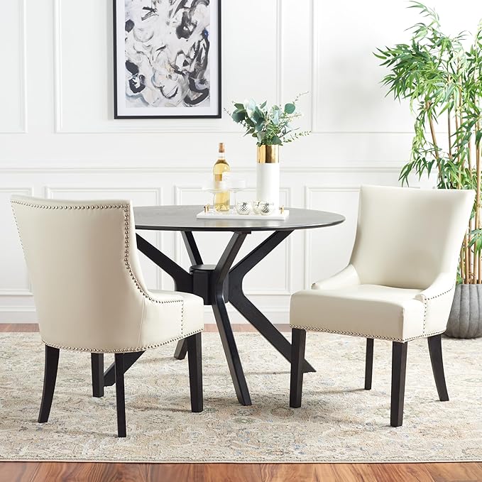 SAFAVIEH Home Collection - Lotus Flat Cream Faux Leather Dining Chair, Modern Nailhead Trim Accent Chair, Sturdy Black Legs (MCR4700B)