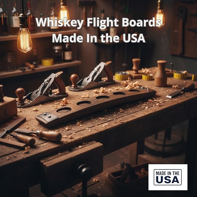 Barrel Stave Premium 5 Glass Whiskey Flight Serving Tray with Glencairn Glasses, Dark Walnut