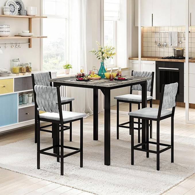 AWQM 5-Piece Dining Table Set, Dining Table Set for 4, Counter Height Table & 4 Velvet Bar Stools, Modern Kitchen Dining Set, Compact Dining Set for Small Spaces (Gray & Velvet Chairs)