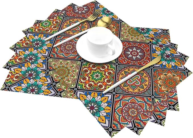 Mandala Colorful Placemats Set of 4 Linen 12"x18" Retro Place Mats Washable Heat-Resistant Boho Kitchen Table Mats for Dining Outdoor Home Decor