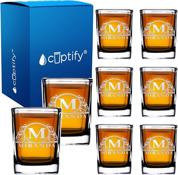 Personalized Square Shot Glasses Set of 8 Engraved 2oz Initial and Name Custom Gifts, Weddings, Birthdays, Party, Event, Decorations