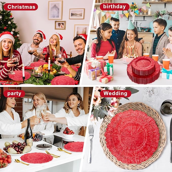 U-QE 60PCS Clear and Red Plastic Plates - Reef Plastic Plates Disposable&Reusable - Clear Red Plates Including 30 Plastic Dinner Plates 10" & 30 Plastic Dessert Plates 7" Perfect for Valentine's Day