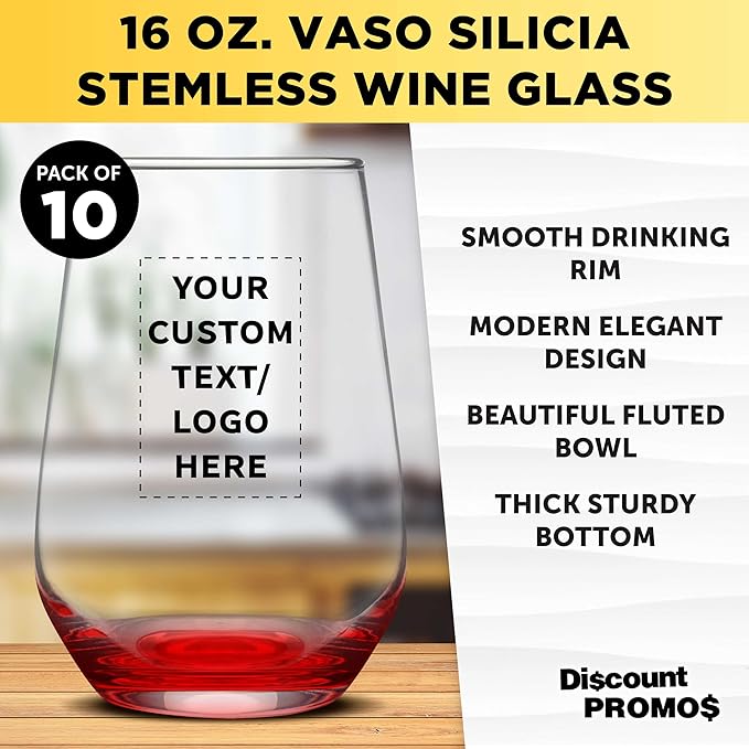 DISCOUNT PROMOS 10 Vaso Silicia Stemless Wine Glasses Set, 16 oz. - Personalized Text, Logo - Clear, Orb-Like, Thick base - Red