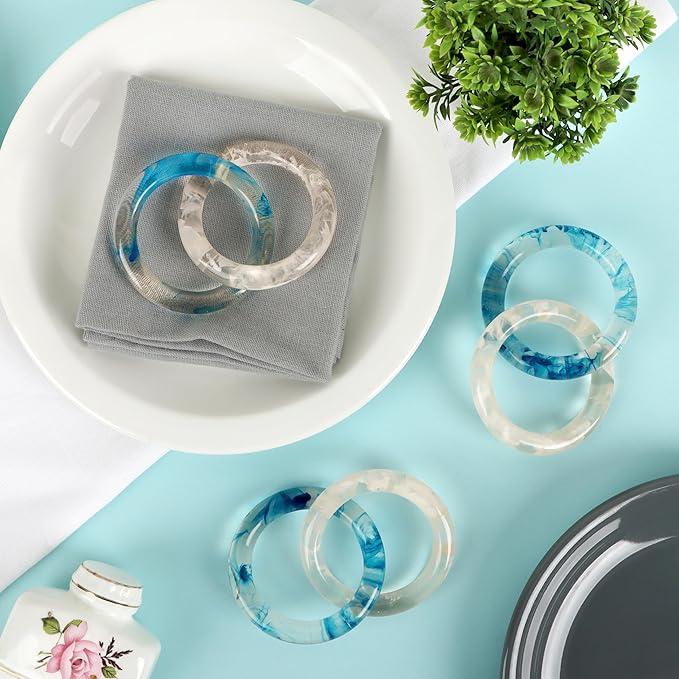 CLEENTABLE Epoxy Resin Napkin Ring - Set of 8 Interlocked Handmade Farmhouse Table Decor for Dining, Weddings, Holidays - Durable Elegant Napkin Holders for Special Occasion Blue Opaque