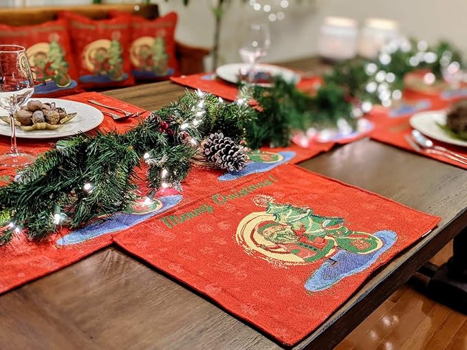 DaDalogy Red Merry Christmas Santa Claus Placemats Set of 4 Festive Winter Holiday Tapestry - Cotton Linen Wove Dining Room Table Mats - 13” x 19” (17615)