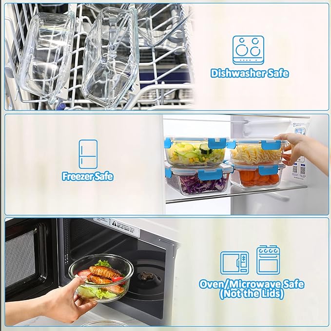 M MCIRCO 24-Piece Glass Food Storage Containers with Upgraded Snap Locking Lids,Glass Meal Prep Containers Set - Airtight Lunch Containers, Microwave, Oven, Freezer and Dishwasher, Blue