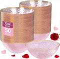 I00000 50 Pack 12 Ounce Pink Plastic Bowls Serving Bowls Hammered Clear Bowl with Gold Rimmed, Heavy Duty Disposable Bowl Set,Small Bowls for Valentine's Day Party