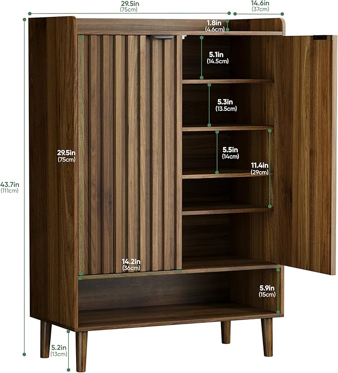 Large 6-Tier Shoe Storage Cabinet with Fluted 2 Doors, 44" Tall Freestanding Entryway Shoe Cabinet with Adjustable Shelves,(Walnut