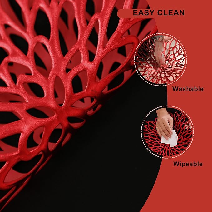 Snowkingdom 6 Pack Red Placemats Metallic Shiny Pressed Vinyl Dining Mats Round Leaf Floral Mother's Day Table Decoration for Halloween Christmas Valentine's Day Weddings Holiday Celebrations
