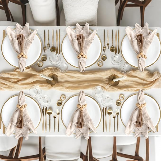 Table Centerpiece Set with Beige Cheesecloth Table Runner, 1 Round Wooden Candle Plate, 70 PCS Dried Pampas Grass Decor with White Vase, 6 Linen Napkins and Wooden Napkin Rings for Wedding Home Decor