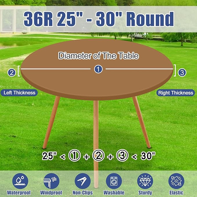 Round Spandex Tablecloth, Elastic Fitted Waterproof Tablecloths for 25"-30" Tables, Stretch Washable Picnic Table Cover for Camping, Dining, Indoor and Outdoor,Brown