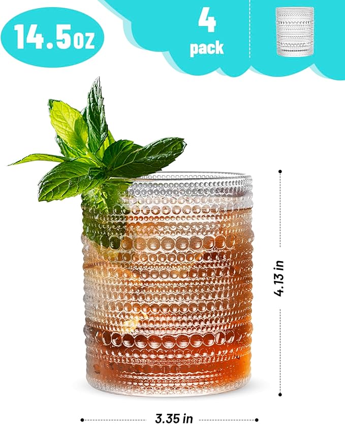 Vintage Dot-Pattern Drinking Glasses Set of 4 – 14.5 oz Clear Short Glass Cups – Embossed Textured Glassware with Anti-Slip Grip, Water Juice Soda Cocktail Tumblers – Thick Glass, Dishwasher Safe