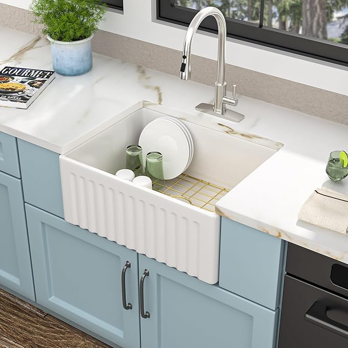 24"x18" White Farmhouse Sink – Reversible Apron Front, High-Gloss Porcelain Ceramic Fireclay Single Bowl Small Kitchen & Bar Farm Sink Basin