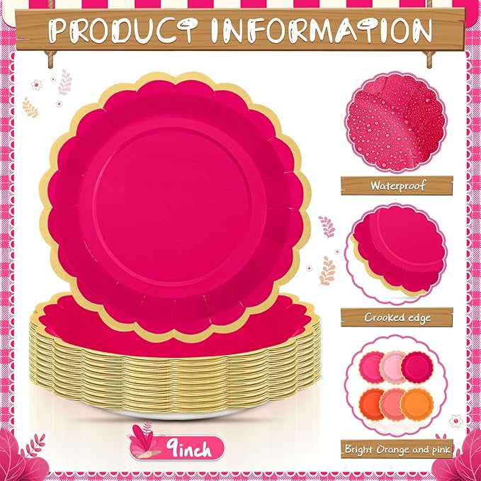 96 Pcs Pink and Orange Paper Plates 9 Inch Scalloped Paper Plates Disposable Dinner Dessert for Birthday Wedding Bridal Party Supplies, 6 Colors