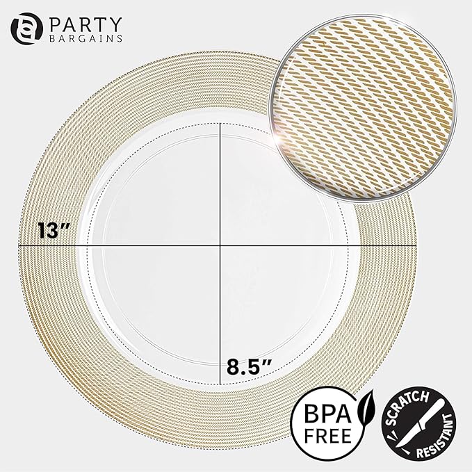 PARTY BARGAINS 13-Inch Charger Plates - 4 Pack, Clear Gold Rope Textured Rim, Heavy-Duty Disposable Chargers for Elegant Dining - Ideal for Weddings and Formal Events