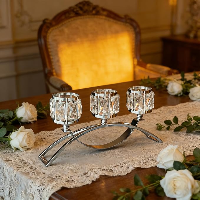 3 Arms Crystal Candle Holders, Arch Candlestick Table Candelabras Centerpieces for Wedding, Dinning Room, Cabinet Ornaments, Home Decoration， Gift (Silver, 2 Pcs-3 Arm Arched)