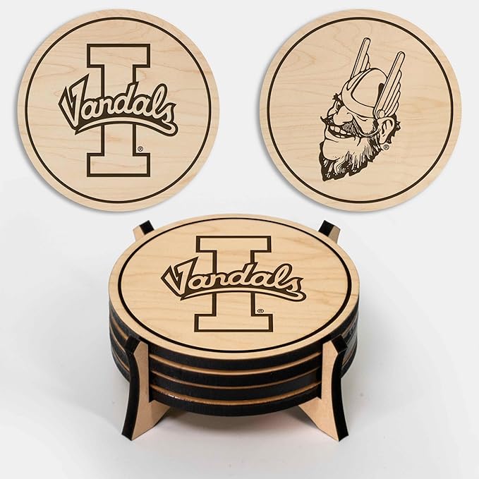 LazerEdge Idaho Vandals Wooden Coaster Set - Maple Wood - Officially Licensed Product - 4-Pack