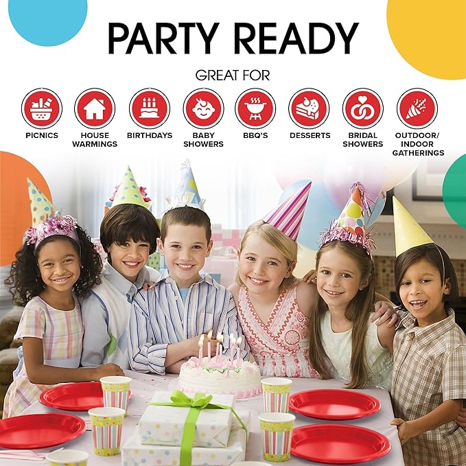 Red Plastic Plates For Party 7" Red Disposable Plates Heavy Duty 100 Pcs Plastic Dinnerware Sets Heavy Duty 350 GSM Disposable Dinnerware Set
