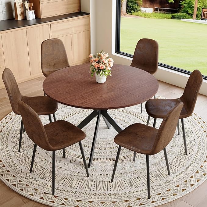 Round Dining Table Set for 6｜42"-54" Extendable Dining Room Table Set｜Wooden Kitchen Table with 6 Chairs｜Mid Century Modern Dinner Table Set with Cross Legs｜Easy Assembly｜Space Saving