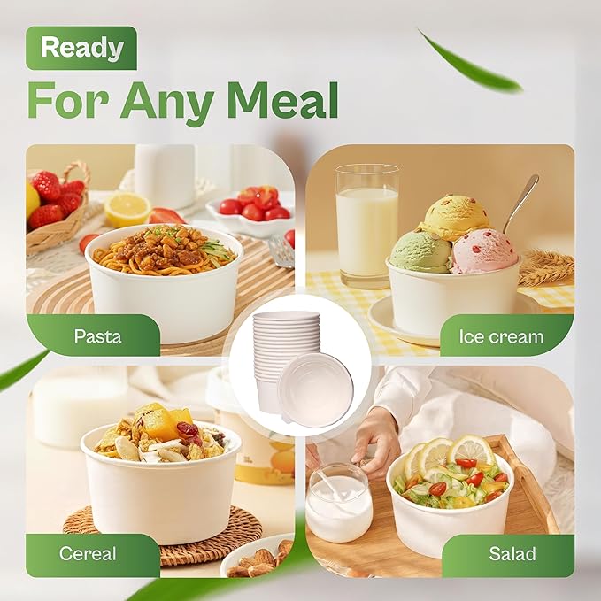 50-Pack 34 oz Paper Bowls With Lids – Disposable Bowls, Microwave & Freezer Safe, Leak-Proof Design for Hot & Cold Foods, SGS Tested Food-Safe, Eco-Friendly, For Meal Prep, To-Go, Catering.