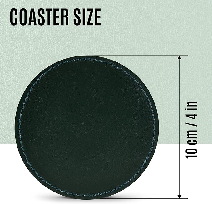 Genuine Leather, Premium Table Coasters by Leatherific, Round, 4 inch, Set of 6, with Holster, Handcrafted, Hand Made, Non Slip Drink Mats, Green (Forest Green, 4")