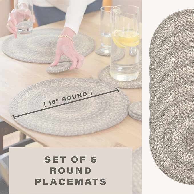 Homespice Grey Cloud Jute Woven Round Placemats Set of 6, 15", Warm Country Decor, Grey Table Mats - Vibrant Colors, Durable, Easy to Clean and Protects Furniture