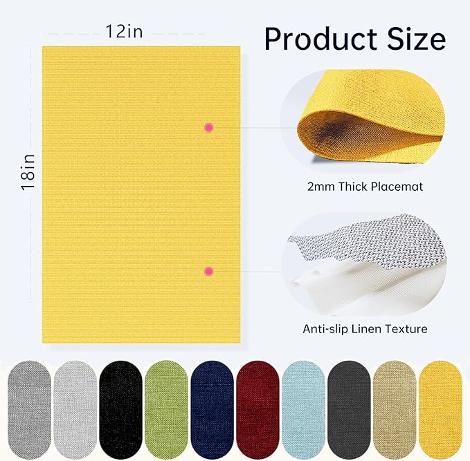 Blue Forest Placemats Set of 4, Dual-Layered Thickened Faux Linen Table Mats Heat Resistant Machine Washable Wrinkle Free Place Mats for Kitchen Dining Outdoor/Indoor (Bright Yellow)