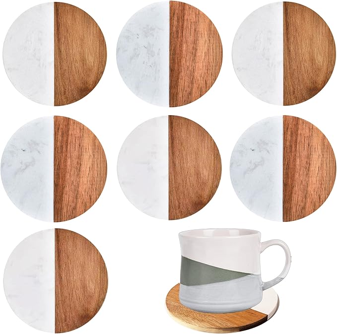 I-LAN 8Packs Round Natural Wood and Marble Style Drink Coasters for Coffee Wooden Table, Drink Bar Coaster Set/Tea Table Coasters for Living Room,Beer Cans,Bar Glasses,4 x 4 Inch