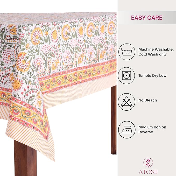 ATOSII Clover Yellow 100% Cotton Rectangle Fall Tablecloth, Handblock Floral Print Linen Table Cloth for Kitchen Dining I Parties, Outdoors, Christmas, Thanksgiving I 72 X 140 Inches I 12 Seater
