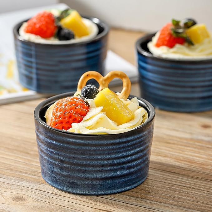 Ceramic 4 oz Ramekins,Small Souffle Dishes Set of 6, Mini Baking Bowls for Kitchen, Porcelain Dipping Sauce Cups for Creme Brulee, Pudding, Ice Cream, Lava Cakes, Microwave & Oven Safe, Blue