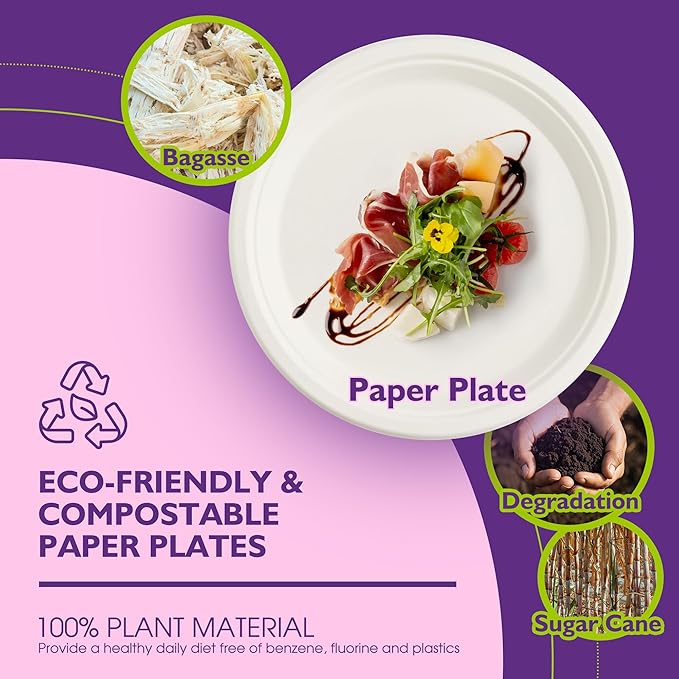Compostable Paper Plates 9 Inch 125 Pack, Biodegradable Disposable Plates Heavy Duty White Plates, Made of Natural Sugarcane Bagasse, Unbleached Round Dinner Plates