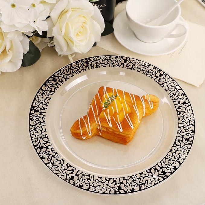 U-QE 100pcs Clear and Black Plastic Plates - Black Plates Disposable for Party - Disposable Plates for Premium Party Supplies Including 50 Dinner Plate 10.25 '' &50 Dessert 7.5 '' Plate