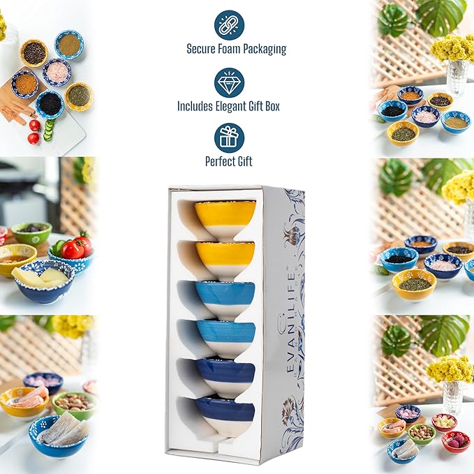 Ceramic Small Dipping Bowls Set of 6, 3.5 Oz Soy Sauce Dish, Handmade Charcuterie, Colorful Pinch, Dishwasher & Microwave Safe, 3.2'' Mini (NAZAR CHARM)