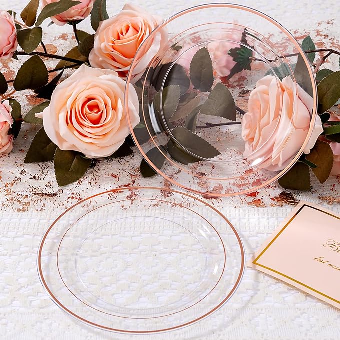 bUCLA 100PCS Clear Rose Gold Plastic Plates Disposable - Heavy Duty 6.25 Inch Clear Plastic Dessert Plates with Rose Gold Trim - Ideal for Party, Wedding & Valentines Day