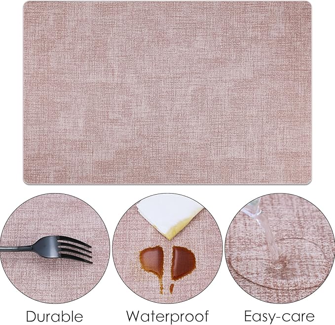 Placemats Set of 6 Faux Leather Heat Resistant Tables Mats Waterproof Oilproof Wipeable Reversible Anti-Slip Place Mats for Kitchen/Dining/Party/Outdoor 11.8" x 16.9", Pink