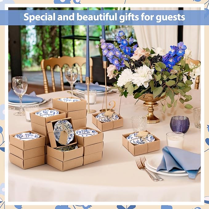 96 Pcs Wedding Favors for Guests Small Ceramic Bowl Bulk Gifts Set 3.3 Inch Floral Design Mini Dipping Sauce Dish with Card Box for Bridal Pooja Baby Shower Birthday Guest Gift (Blue)