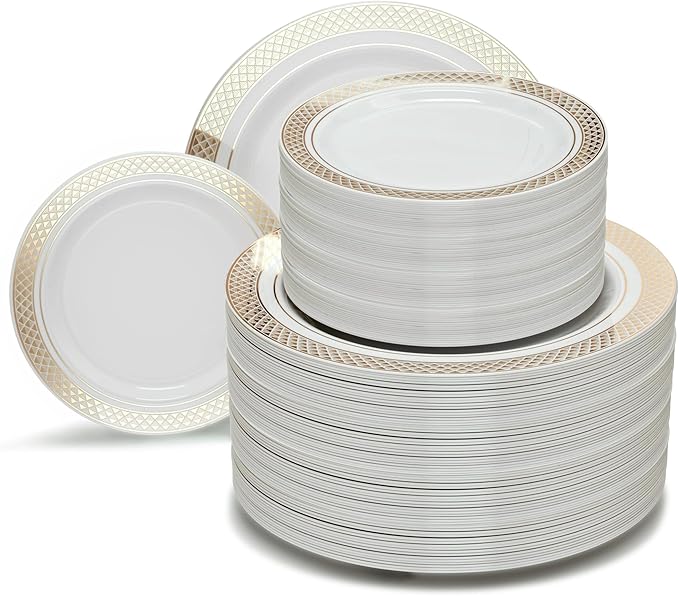 OCCASIONS 240 Plates Pack,(120 Guests) Heavyweight Premium Wedding Party Disposable Plastic Plates Set -120 x 10.5'' Dinner + 120 x 7.5'' Salad/Dessert (Celebration White & Gold)