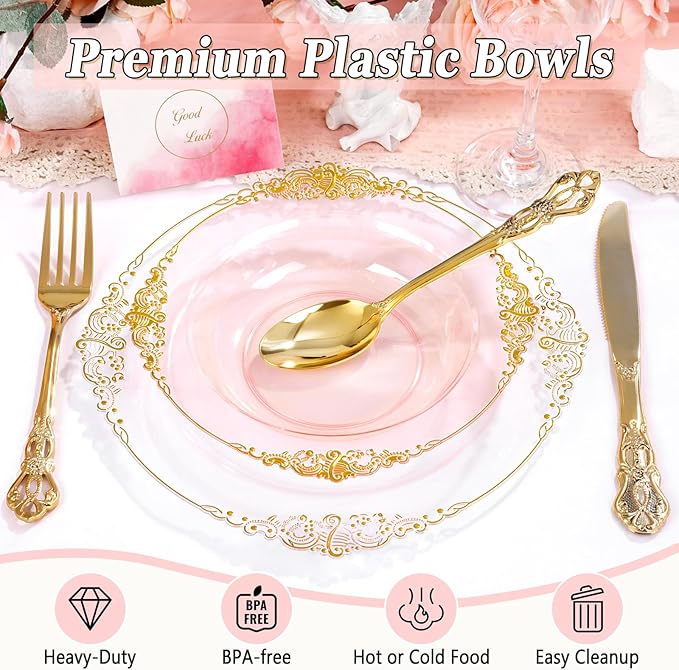 100PCS Clear Pink Plastic Bowls - 12 oz Pink Gold Disposable Salad Bowls - Heavy Duty Disposable Soup Bowl - Fancy Plastic Ice Cream Bowl for Weddings Valentine's Day Parties Dinners Picnics