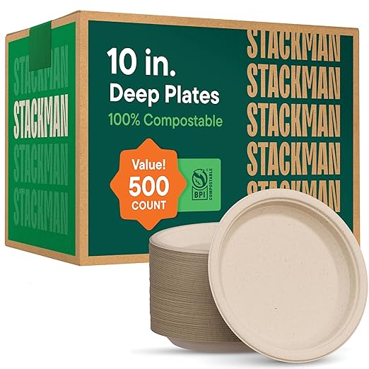 Deep Dish Paper Plates, Heavy Duty Disposable Dinner Plates [500-Pack] 10 Inch Plates - 100% Compostable Eco-Friendly, Biodegradable Sugarcane Bagasse, Natural Brown 10" Paper Plate Disposable